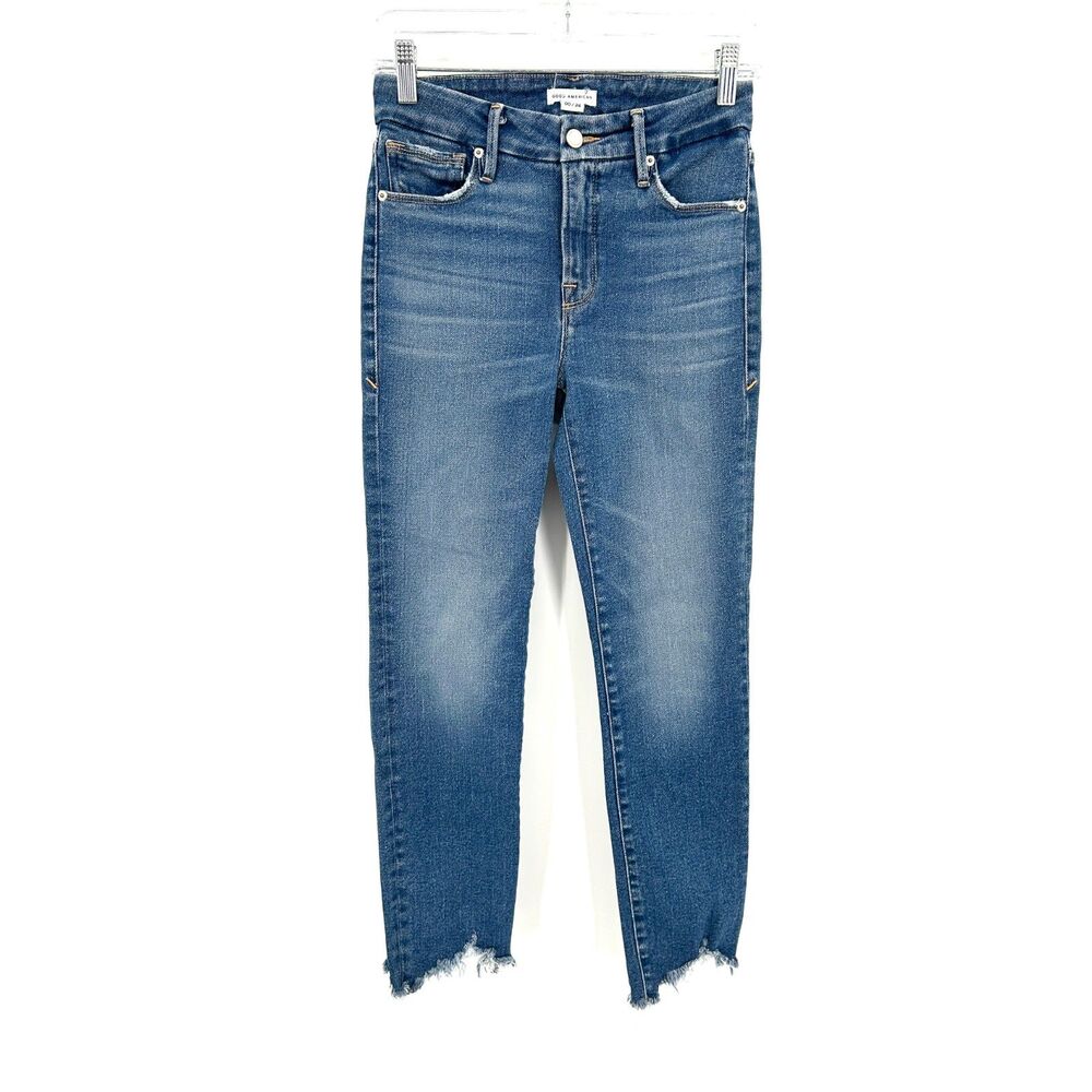 GOOD AMERICAN Good Legs Cigarette Frayed Raw Hem Skinny Jeans Blue Size 00 / 24